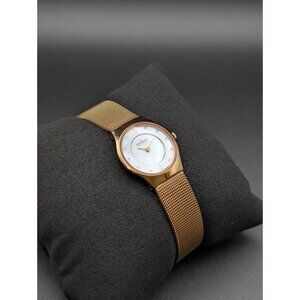 Vintage Skagen Gold Tone Ladies Watch, Mother of Pearl Dial, Crystal Accents